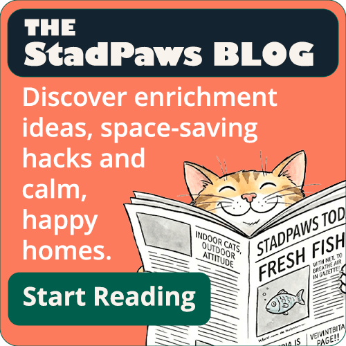 A cheerful illustrated cat reading a newspaper against a coral background with the text “The StadPaws Blog – Discover enrichment ideas, space-saving hacks and calm, happy homes,” plus a green “Start Reading” button.
